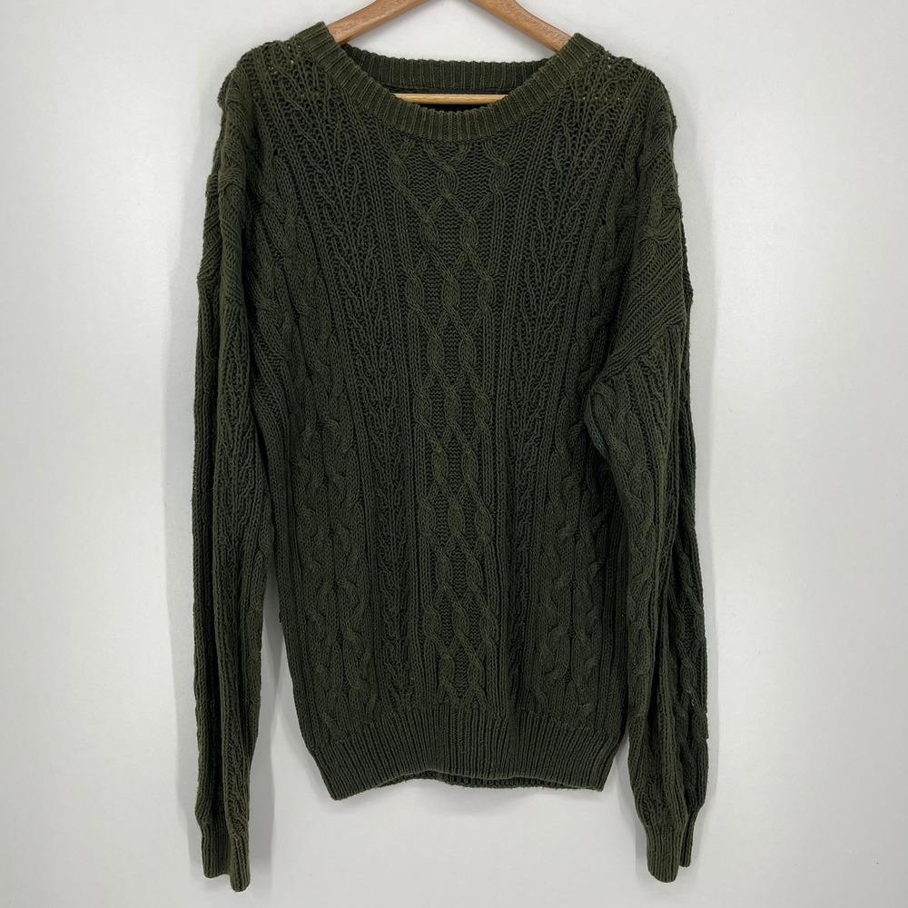 Structure Mens Cable Knit Sweater Olive Green Ramie Cotton Blend Size M